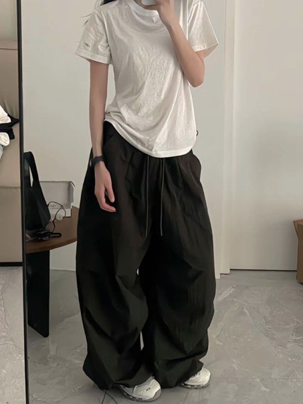 Vintage Loose Fit Cargo Pants for Women, Wide-Leg Parachute Trousers with Drawstring, Casual Jazz Dance Style, Floor-Length Sportswear