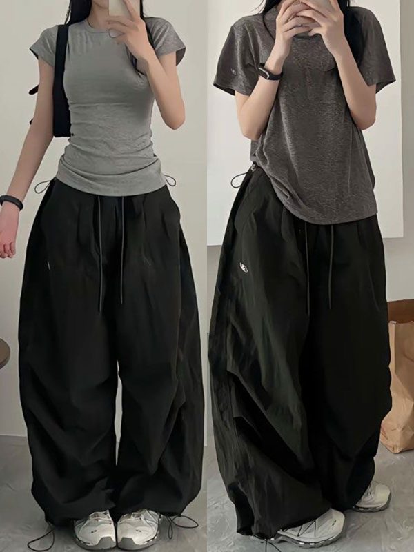 Vintage Loose Fit Cargo Pants for Women, Wide-Leg Parachute Trousers with Drawstring, Casual Jazz Dance Style, Floor-Length Sportswear