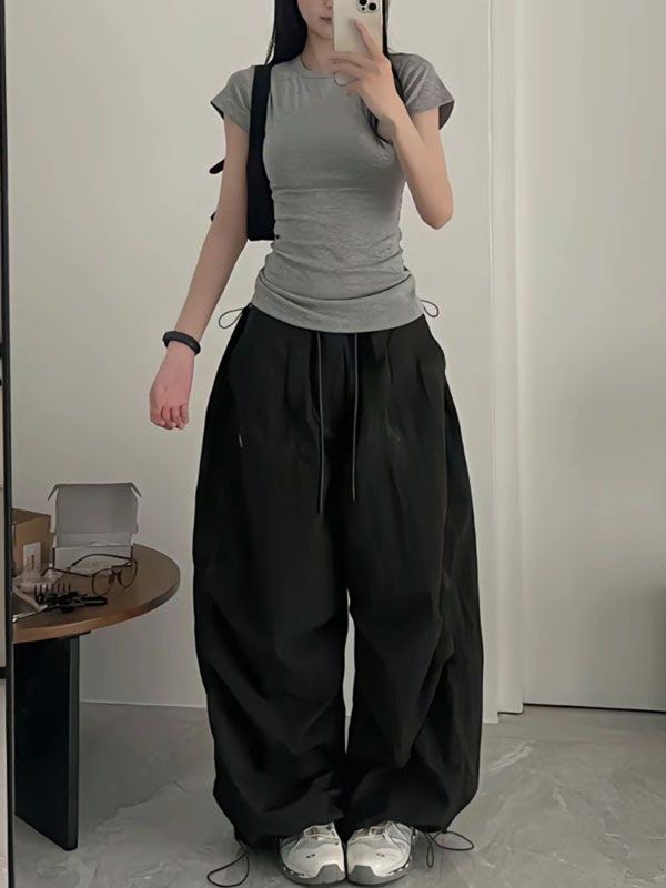 Vintage Loose Fit Cargo Pants for Women, Wide-Leg Parachute Trousers with Drawstring, Casual Jazz Dance Style, Floor-Length Sportswear