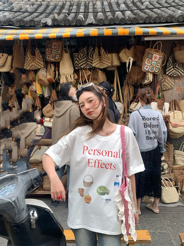 Vintage 'Love and Time' Retro Short Sleeve Printed T-Shirt for Women, Summer Loose Fit Round Neck Top, Y2K Style