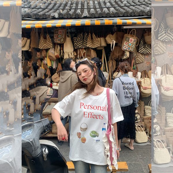 Vintage 'Love and Time' Retro Short Sleeve Printed T-Shirt for Women, Summer Loose Fit Round Neck Top, Y2K Style