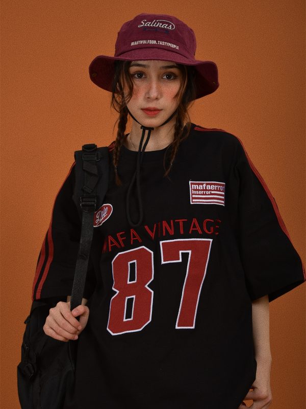 Vintage Motorcycle Graphic Short Sleeve T-Shirt for Women - Summer Loose Fit Double Stripe Trendy Y2K Style