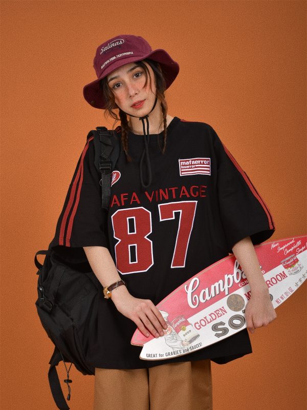 Vintage Motorcycle Graphic Short Sleeve T-Shirt for Women - Summer Loose Fit Double Stripe Trendy Y2K Style