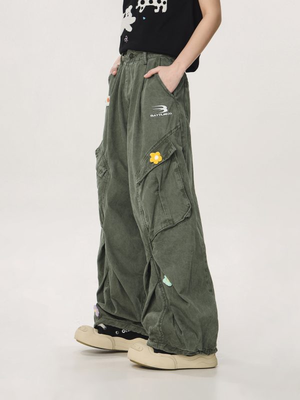 Vintage Multi-Pocket Embroidered Casual Work Pants for Men and Women - Loose Straight Cargo Style, American Retro Fashion