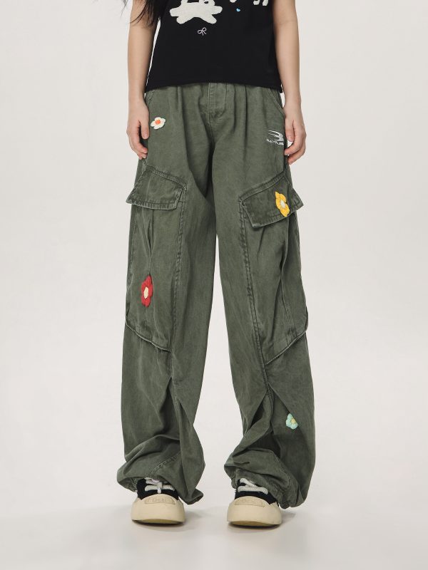 Vintage Multi-Pocket Embroidered Casual Work Pants for Men and Women - Loose Straight Cargo Style, American Retro Fashion