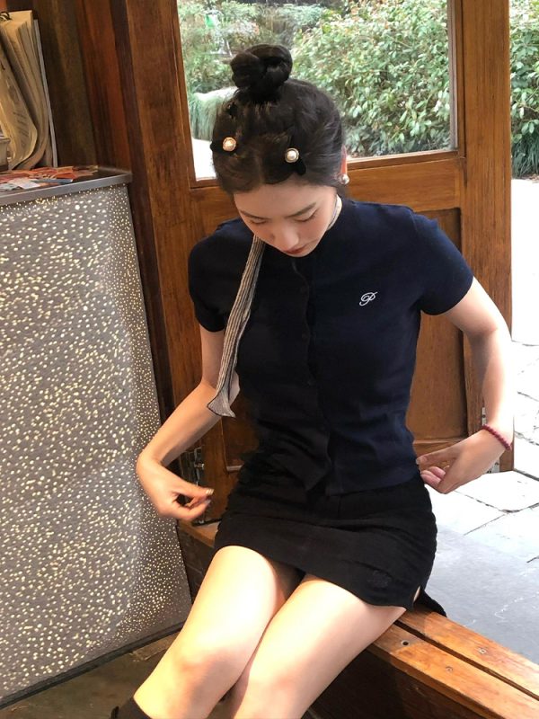 Vintage Navy Blue Knitted Short-Sleeve Women's Summer Cardigan - Slim Fit Round Neck Stylish Top for Y2K and Retro Fashion