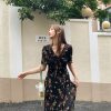 Vintage Night Rose Red French V-Neck Short Sleeve Flared Chiffon Dress for Women â€“ Summer 90s Inspired Fashion
