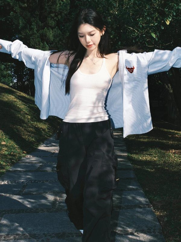 Vintage Oversized Blue Shirt Jacket for Women with Letter Embroidery - Spring 90s Style High-End Feel