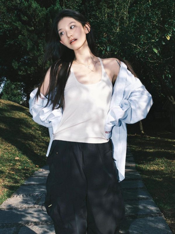 Vintage Oversized Blue Shirt Jacket for Women with Letter Embroidery - Spring 90s Style High-End Feel