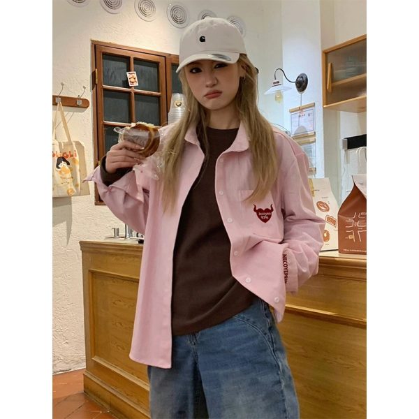 Vintage Oversized Blue Shirt Jacket for Women with Letter Embroidery - Spring 90s Style High-End Feel