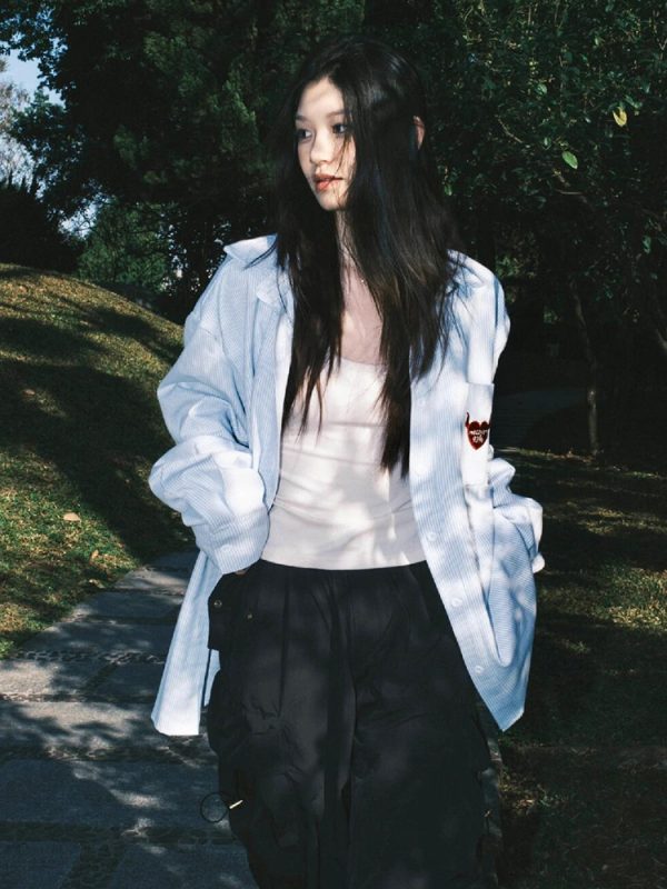 Vintage Oversized Blue Shirt Jacket for Women with Letter Embroidery - Spring 90s Style High-End Feel