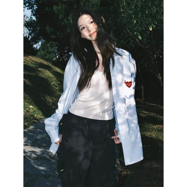 Vintage Oversized Blue Shirt Jacket for Women with Letter Embroidery - Spring 90s Style High-End Feel