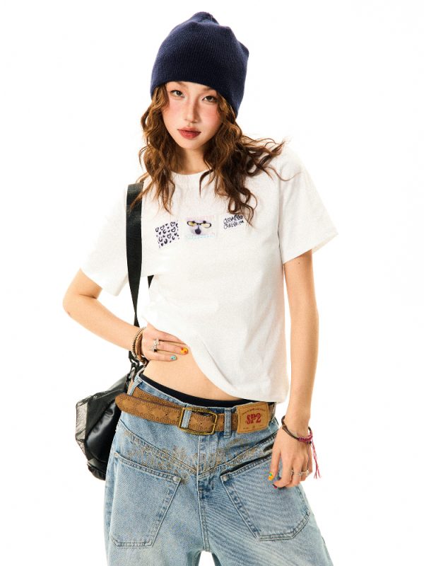 Vintage Patch Embroidery Short Sleeve T-Shirt for Women - Casual Summer Top, Versatile American Style Fashion