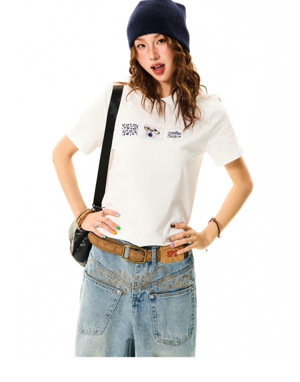 Vintage Patch Embroidery Short Sleeve T-Shirt for Women - Casual Summer Top, Versatile American Style Fashion