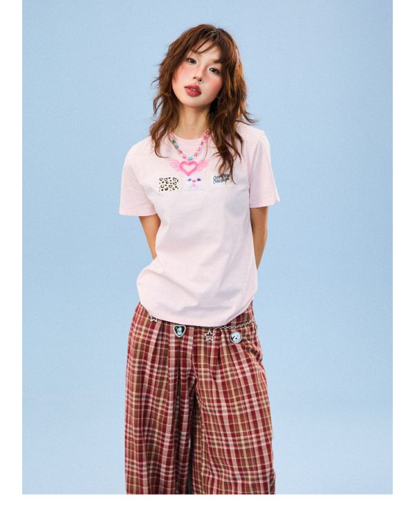 Vintage Patch Embroidery Short Sleeve T-Shirt for Women - Casual Summer Top, Versatile American Style Fashion