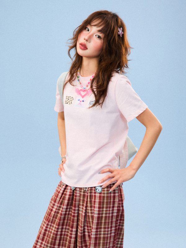 Vintage Patch Embroidery Short Sleeve T-Shirt for Women - Casual Summer Top, Versatile American Style Fashion