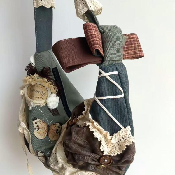 Vintage Patchwork Dumpling Bag - Large Capacity Canvas Tote with Lace Detail, Stylish Commuting Shoulder Crossbody Handbag