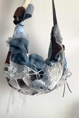 Vintage Patchwork Dumpling Bag - Large Capacity Canvas Tote with Lace Detail, Stylish Commuting Shoulder Crossbody Handbag