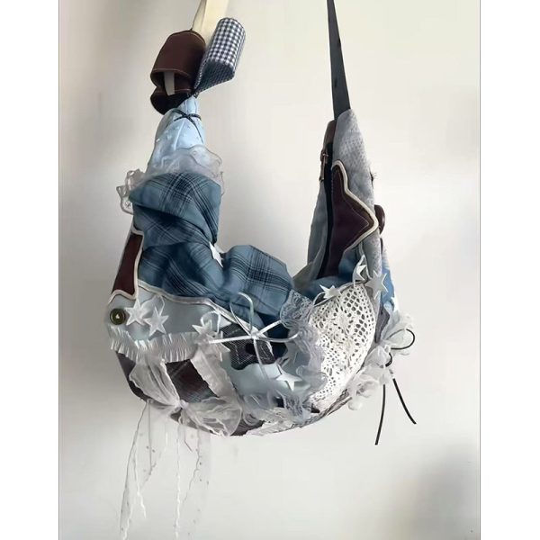 Vintage Patchwork Dumpling Bag - Large Capacity Canvas Tote with Lace Detail, Stylish Commuting Shoulder Crossbody Handbag