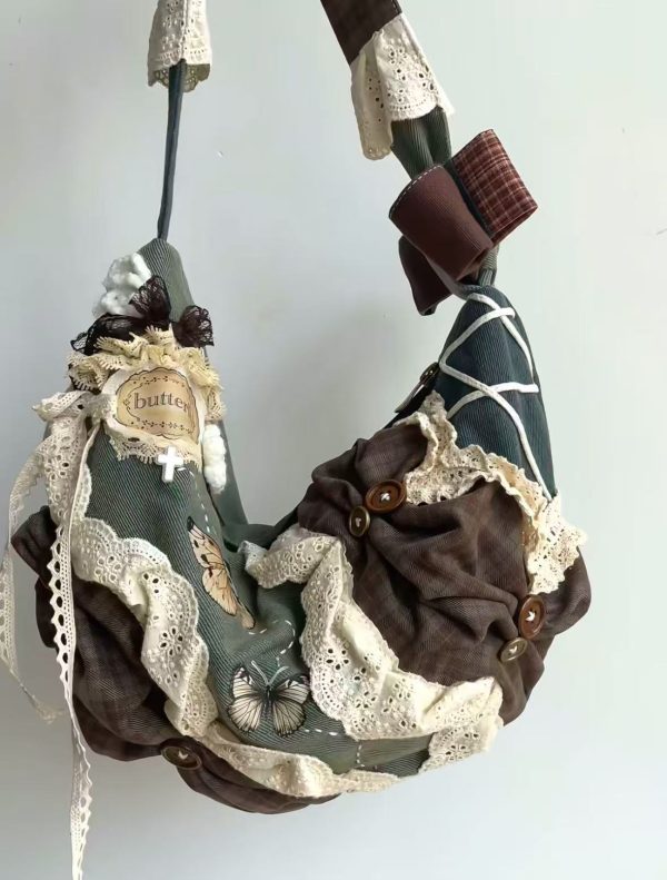 Vintage Patchwork Dumpling Bag - Large Capacity Canvas Tote with Lace Detail, Stylish Commuting Shoulder Crossbody Handbag