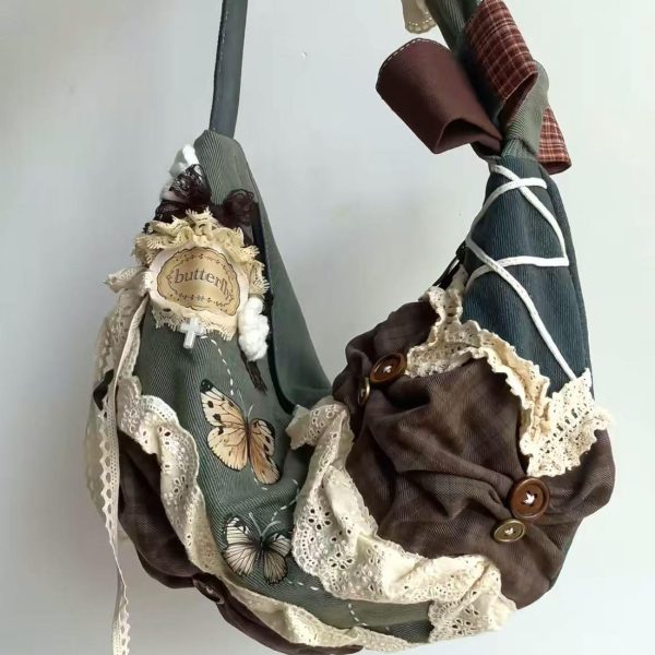 Vintage Patchwork Dumpling Bag - Large Capacity Canvas Tote with Lace Detail, Stylish Commuting Shoulder Crossbody Handbag