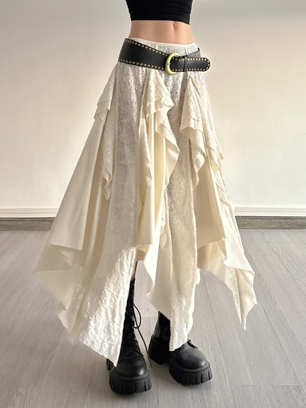 Vintage Patchwork Irregular Long Skirt with Ruffles and Jacquard Texture, Boho Chic Draped Half Skirt, Nomadic Poet Style