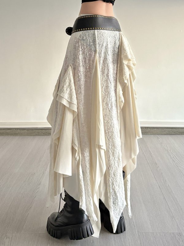 Vintage Patchwork Irregular Long Skirt with Ruffles and Jacquard Texture, Boho Chic Draped Half Skirt, Nomadic Poet Style