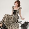 Vintage Plaid A-Line Dress for Women with High Waist, Butterfly Embroidery, Spaghetti Straps, Flared Skirt - Summer Fashion 90s Style