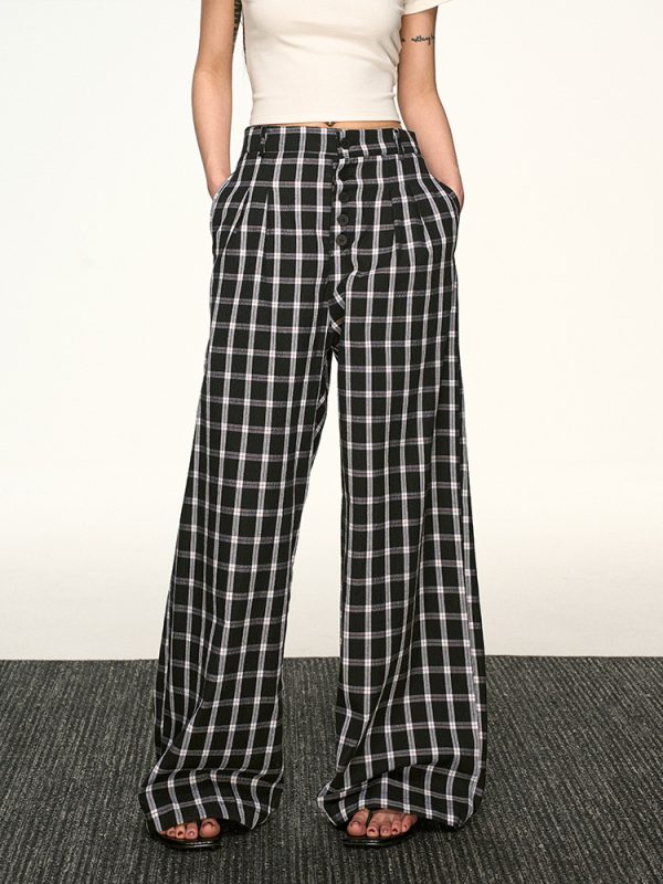 Vintage Plaid Button-Up Casual Pants for Women - Summer Loose Relaxed Wide-Leg Trousers, American Style Fashion