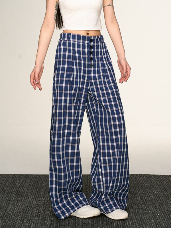 Vintage Plaid Button-Up Casual Pants for Women - Summer Loose Relaxed Wide-Leg Trousers, American Style Fashion