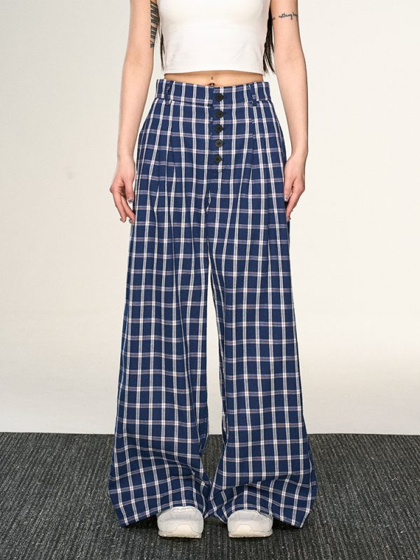 Vintage Plaid Button-Up Casual Pants for Women - Summer Loose Relaxed Wide-Leg Trousers, American Style Fashion