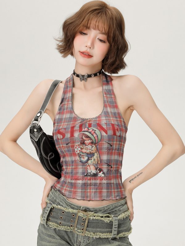 Vintage Plaid Halter Top for Women - Slim Fit Summer Style, Sweet Cool Look, Perfect for Hot Girl Fashion