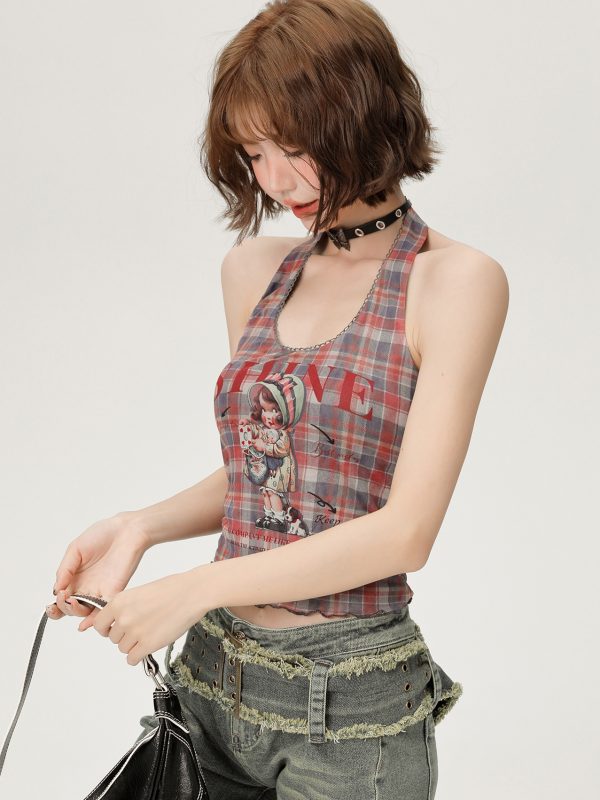 Vintage Plaid Halter Top for Women - Slim Fit Summer Style, Sweet Cool Look, Perfect for Hot Girl Fashion