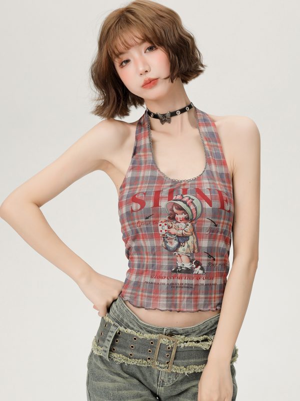 Vintage Plaid Halter Top for Women - Slim Fit Summer Style, Sweet Cool Look, Perfect for Hot Girl Fashion