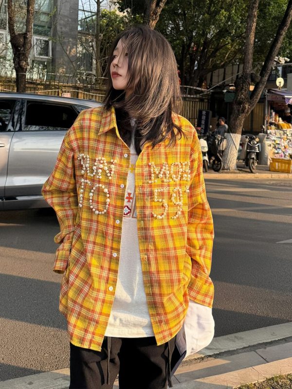 Vintage Plaid Long Sleeve Shirt Jacket for Women, Pearl Letter Casual Top in Dopamine Yellow, Spring Fashion 90s Style
