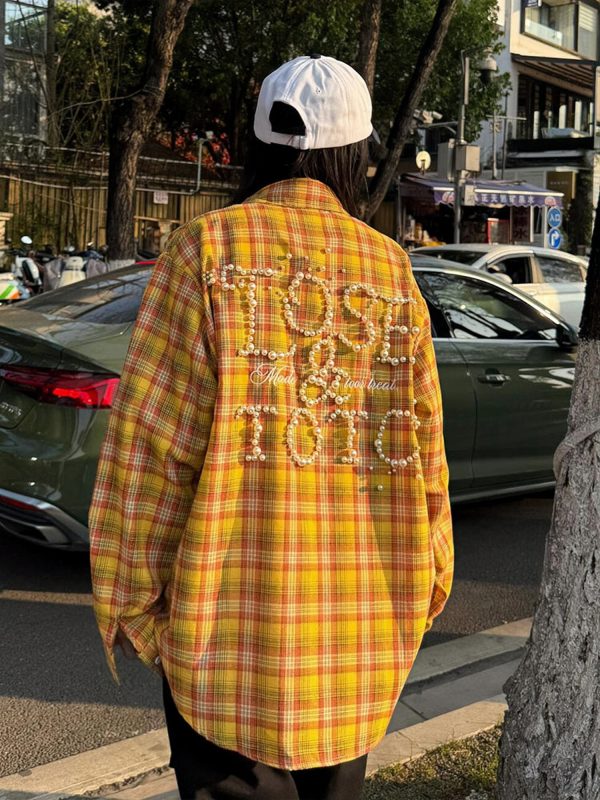 Vintage Plaid Long Sleeve Shirt Jacket for Women, Pearl Letter Casual Top in Dopamine Yellow, Spring Fashion 90s Style