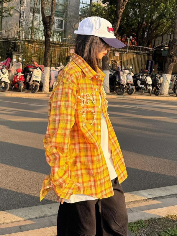 Vintage Plaid Long Sleeve Shirt Jacket for Women, Pearl Letter Casual Top in Dopamine Yellow, Spring Fashion 90s Style
