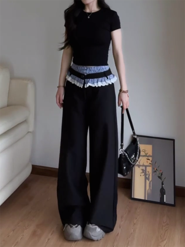 Vintage Plaid Patchwork Lace Suit Pants for Women - Loose Straight-Leg Wide-Leg Trousers for Spring and Autumn Fashion