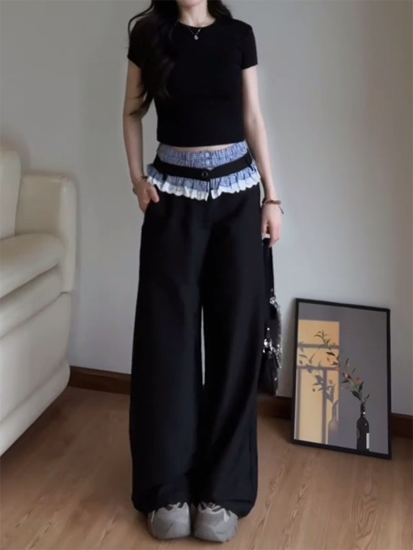 Vintage Plaid Patchwork Lace Suit Pants for Women - Loose Straight-Leg Wide-Leg Trousers for Spring and Autumn Fashion