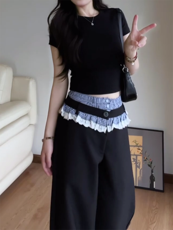 Vintage Plaid Patchwork Lace Suit Pants for Women - Loose Straight-Leg Wide-Leg Trousers for Spring and Autumn Fashion