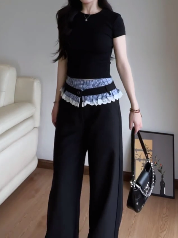 Vintage Plaid Patchwork Lace Suit Pants for Women - Loose Straight-Leg Wide-Leg Trousers for Spring and Autumn Fashion