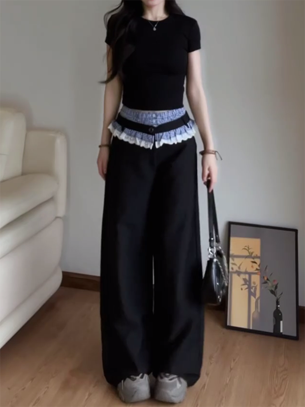 Vintage Plaid Patchwork Lace Suit Pants for Women - Loose Straight-Leg Wide-Leg Trousers for Spring and Autumn Fashion