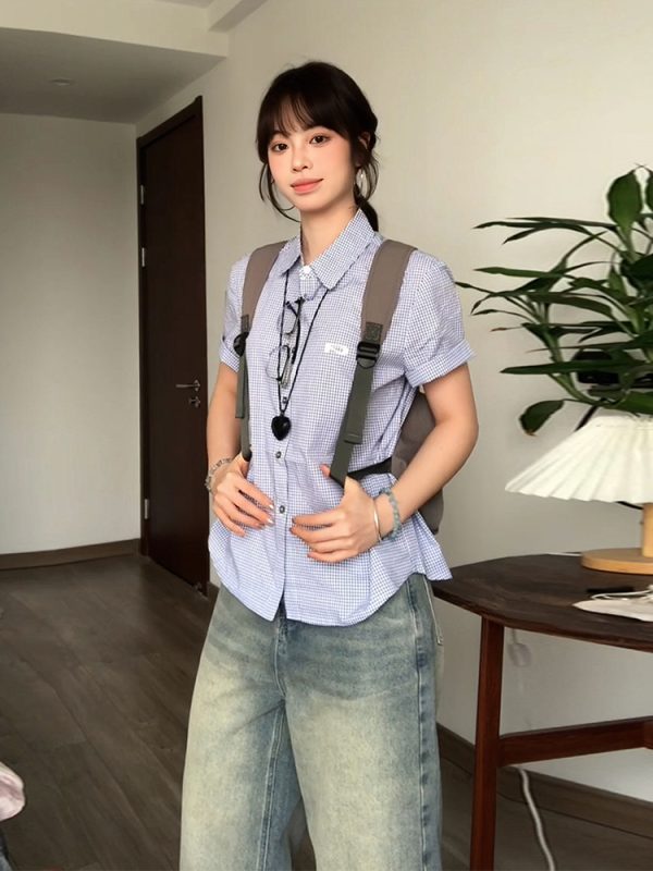 Vintage Plaid Short Sleeve Shirt for Women - Summer Loose Fit Lapel Top, Trendy Couple's Jacket, Stylish Casual Wear