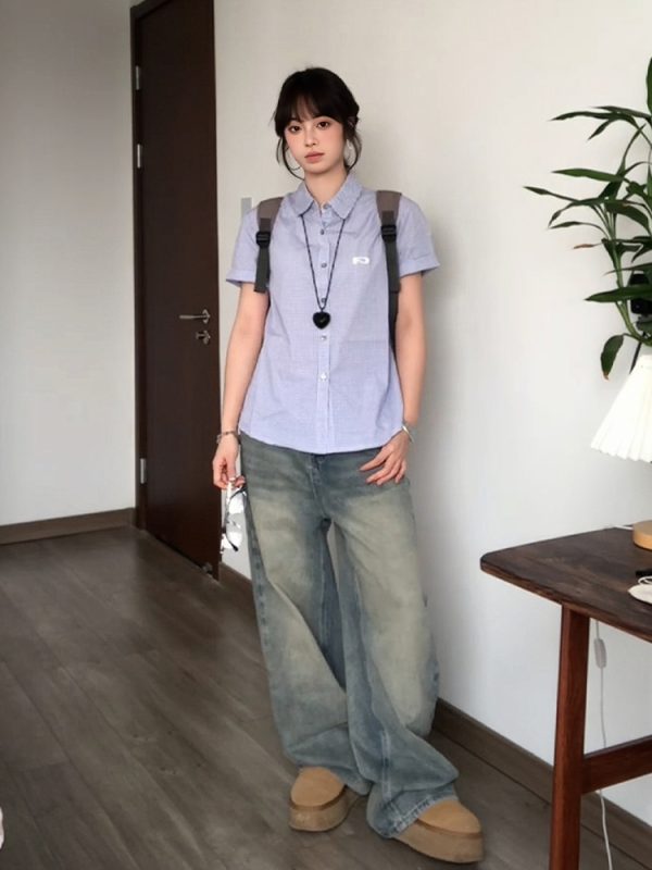Vintage Plaid Short Sleeve Shirt for Women - Summer Loose Fit Lapel Top, Trendy Couple's Jacket, Stylish Casual Wear