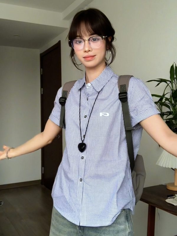 Vintage Plaid Short Sleeve Shirt for Women - Summer Loose Fit Lapel Top, Trendy Couple's Jacket, Stylish Casual Wear