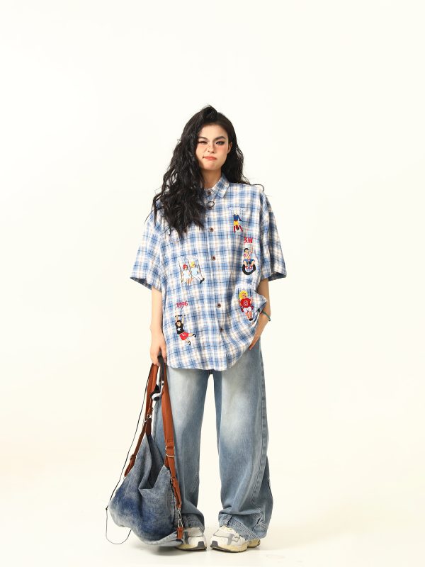 Vintage Plaid Short Sleeve Shirt for Women, Embroidered Design, Summer Casual Top, Versatile 90s Inspired Fashion