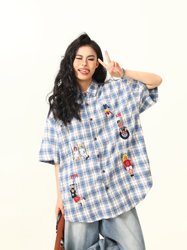 Vintage Plaid Short Sleeve Shirt for Women, Embroidered Design, Summer Casual Top, Versatile 90s Inspired Fashion