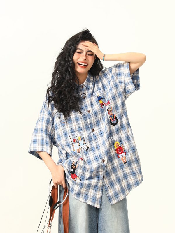 Vintage Plaid Short Sleeve Shirt for Women, Embroidered Design, Summer Casual Top, Versatile 90s Inspired Fashion