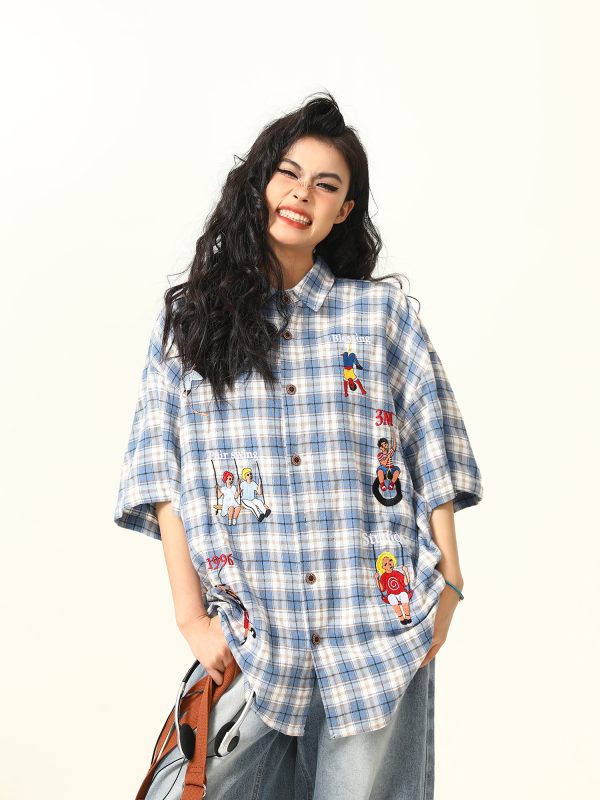 Vintage Plaid Short Sleeve Shirt for Women, Embroidered Design, Summer Casual Top, Versatile 90s Inspired Fashion