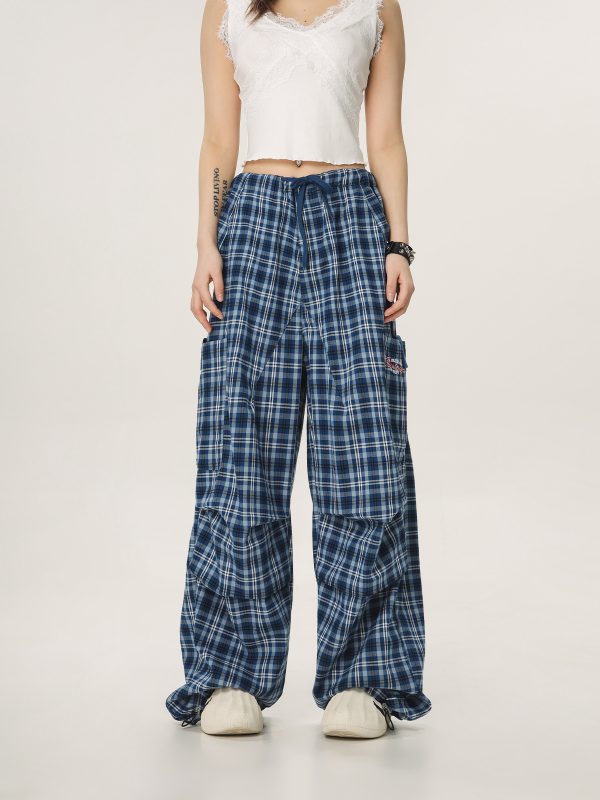 Vintage Plaid Workwear Casual Pants for Women - Loose Straight Wide-Leg BF Style, Perfect for 90s and Y2K Inspired Looks